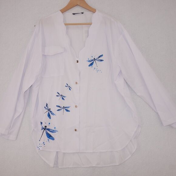 NEW Nora Cora 2XL White Dragonfly Casual Long Sleeve Button Up Shirt Women's XXL - Picture 1 of 8